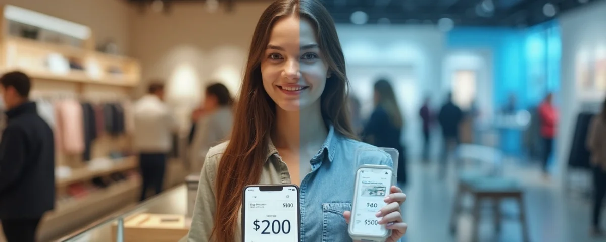 Woman in a store holding two smartphones displaying different Buy Now Pay Later payment amounts and options.