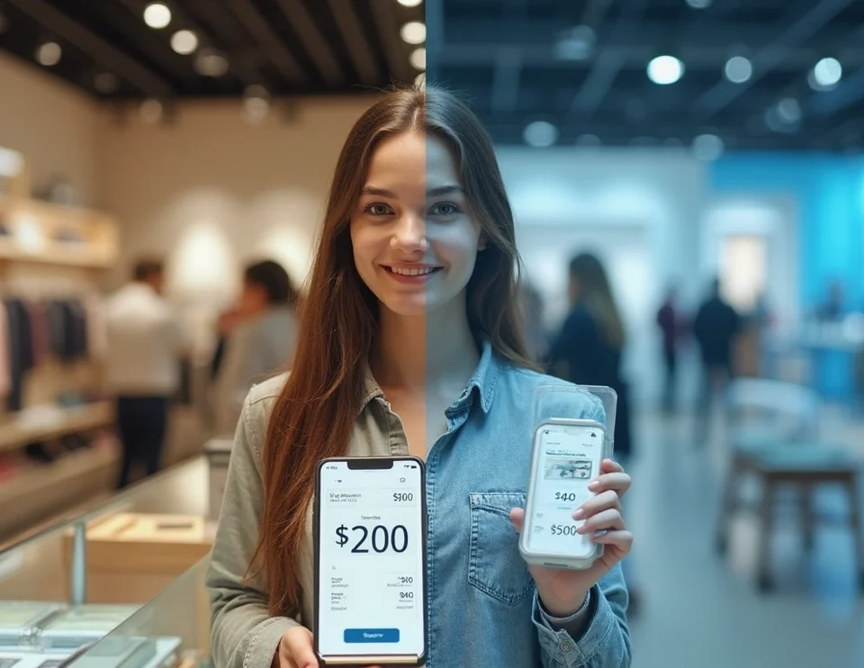 Woman in a store holding two smartphones displaying different Buy Now Pay Later payment amounts and options.